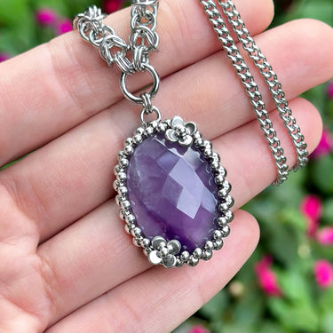 SUMMER GEMSTONE 2024 Oval Rose Cut Amethyst Pendant With Flowers