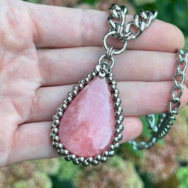 SUMMER GEMSTONE 2024 Rhodochrosite Teardrop Pendant With Flower