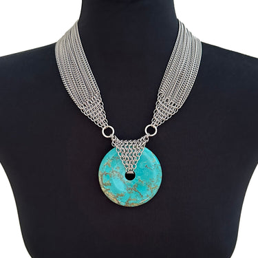 SUMMER GEMSTONE 2024 Blue Turquoise Donut Pendant With Chainmaille