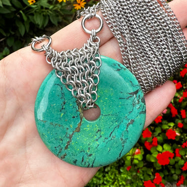 SUMMER GEMSTONE 2024 Green Turquoise Donut Pendant With Chainmaille